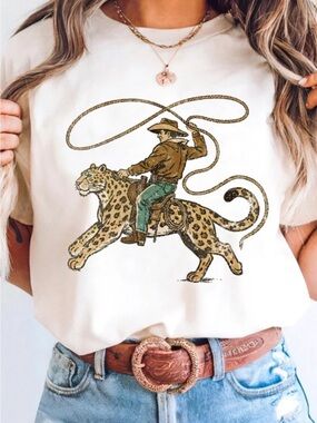 Cowboy Riding Leopard Graphic Tee - White